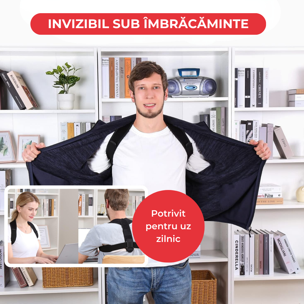 Corector de postura ajustabil, Pentru indreptare spate, coloana si umeri, Negru, Marime reglabila