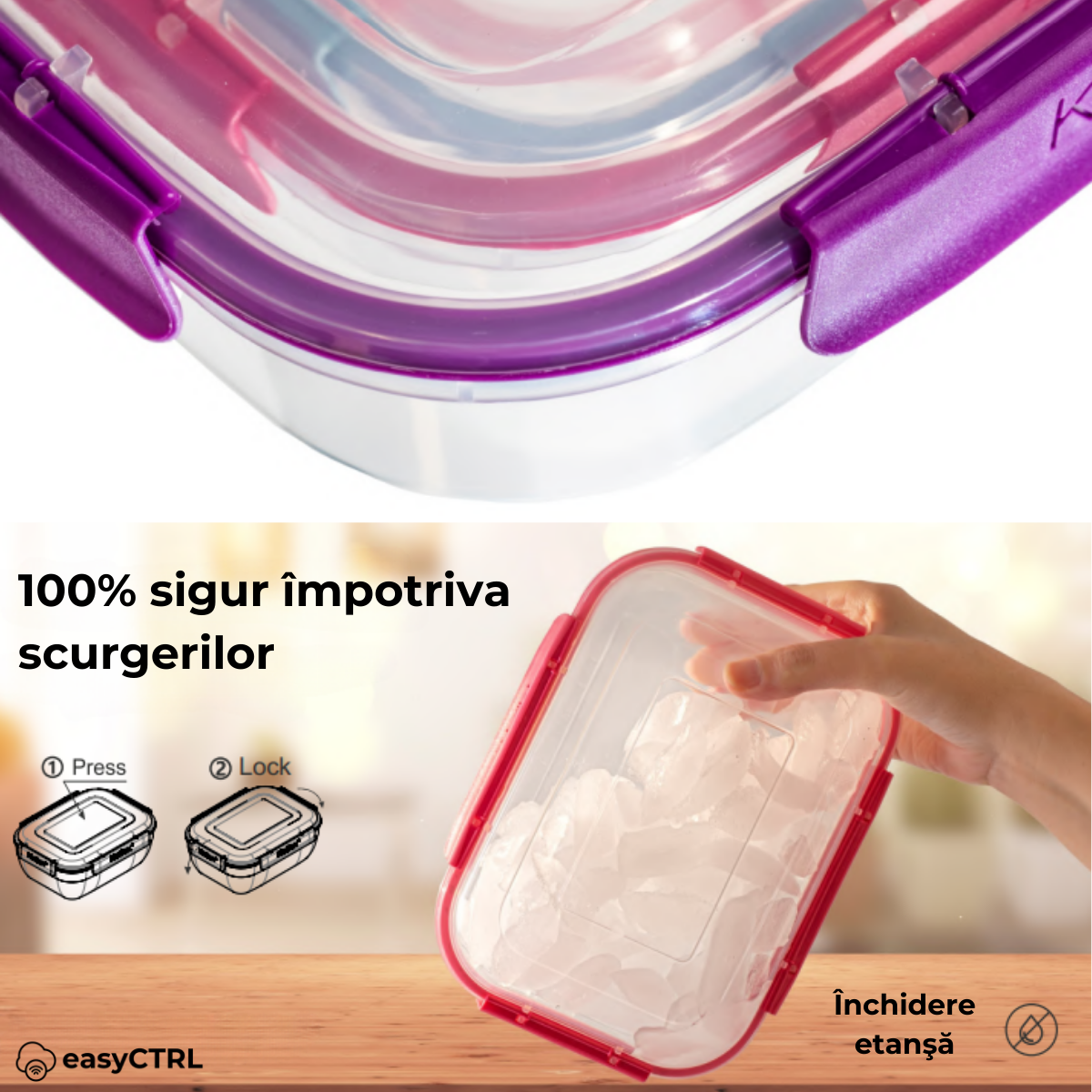 Set 4 caserole alimentare cu capac, inchidere etansa, fara BPA, 400ml, 800ml, 1450ml, 2350ml