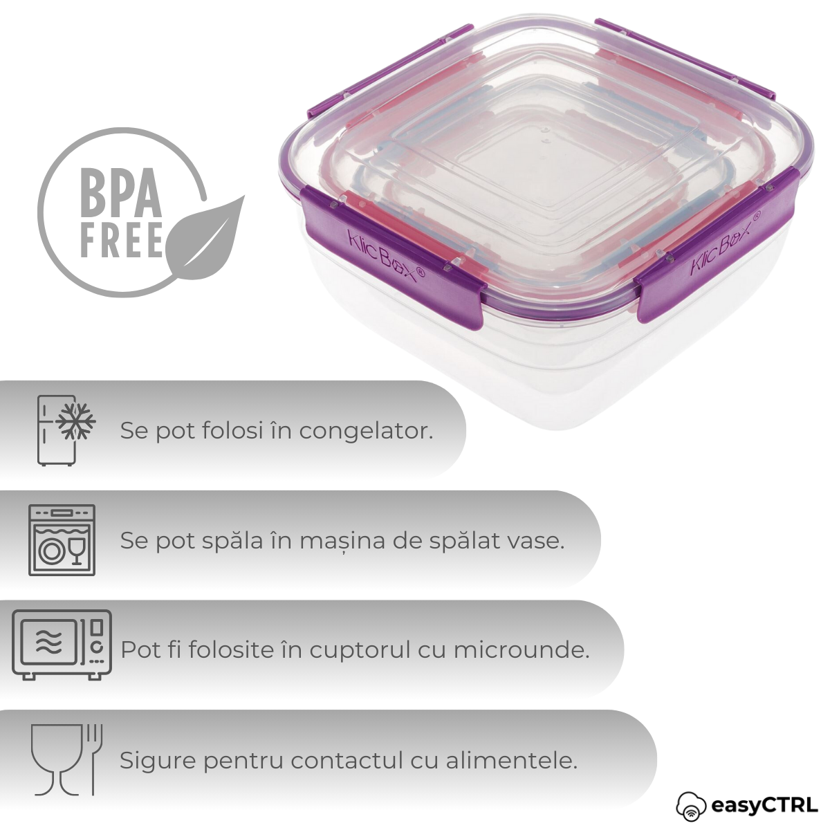 Set 4 caserole alimentare cu capac, inchidere etansa, fara BPA, 400ml, 800ml, 1450ml, 2350ml