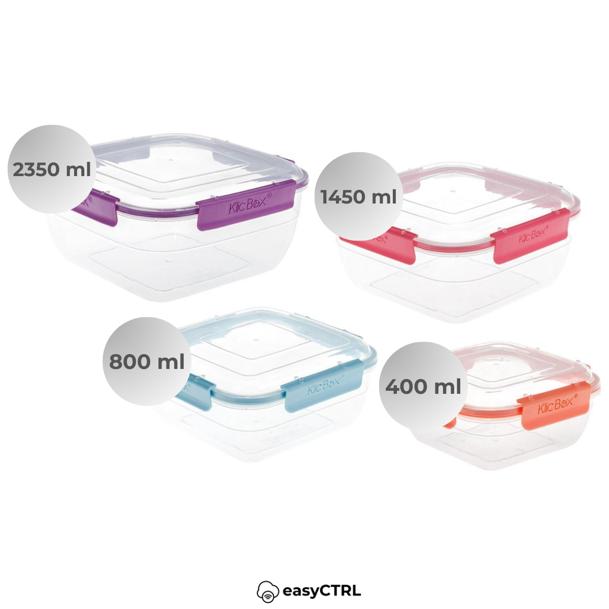 Set 4 caserole alimentare cu capac, inchidere etansa, fara BPA, 400ml, 800ml, 1450ml, 2350ml