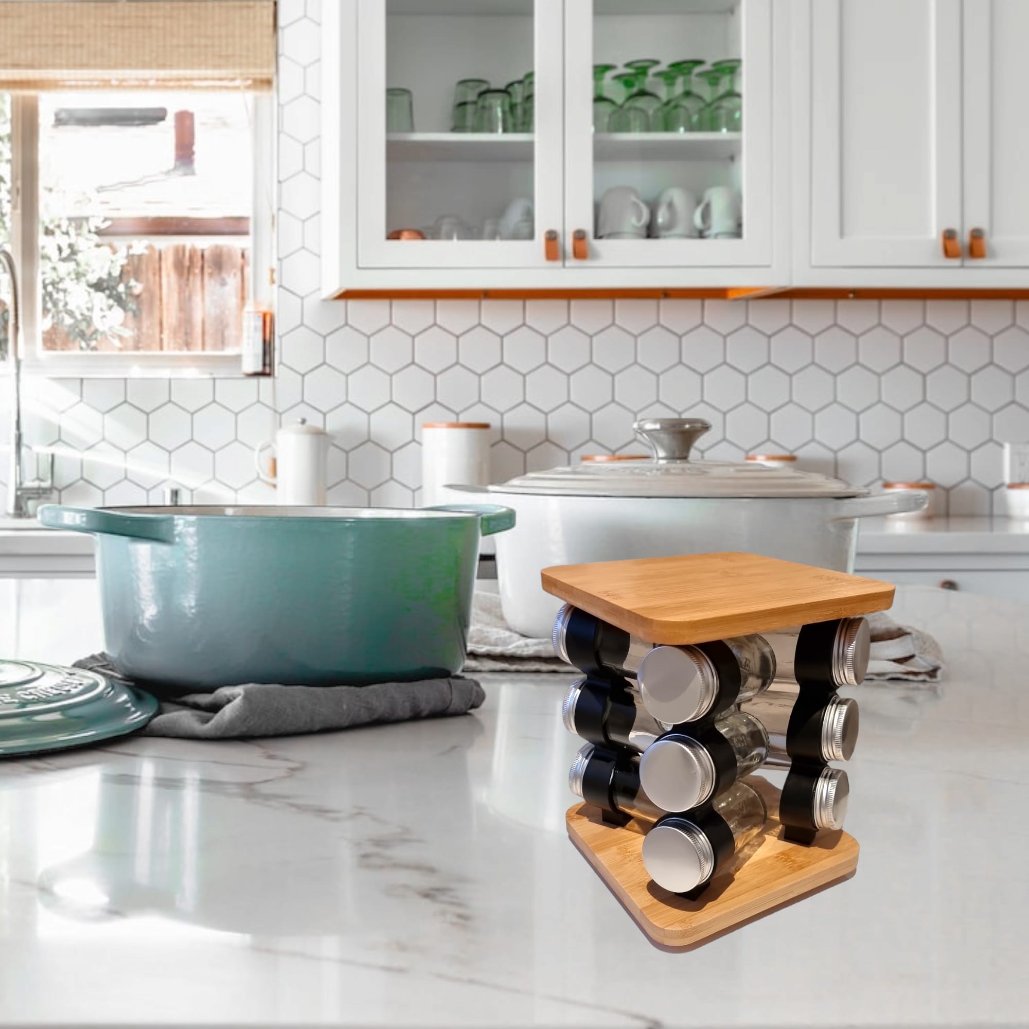 Set recipiente pentru condimente, Rotativ, 12 piese, Bambus