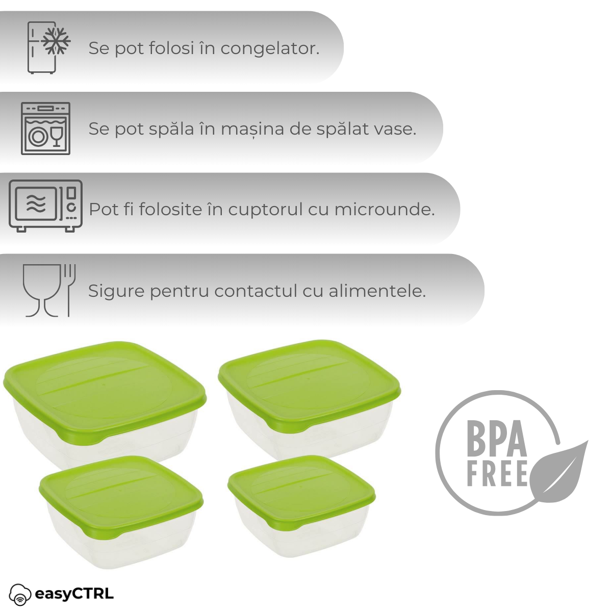 Set 4 caserole alimentare cu capac, fara BPA, 500ml, 900ml, 1500ml, 2500ml