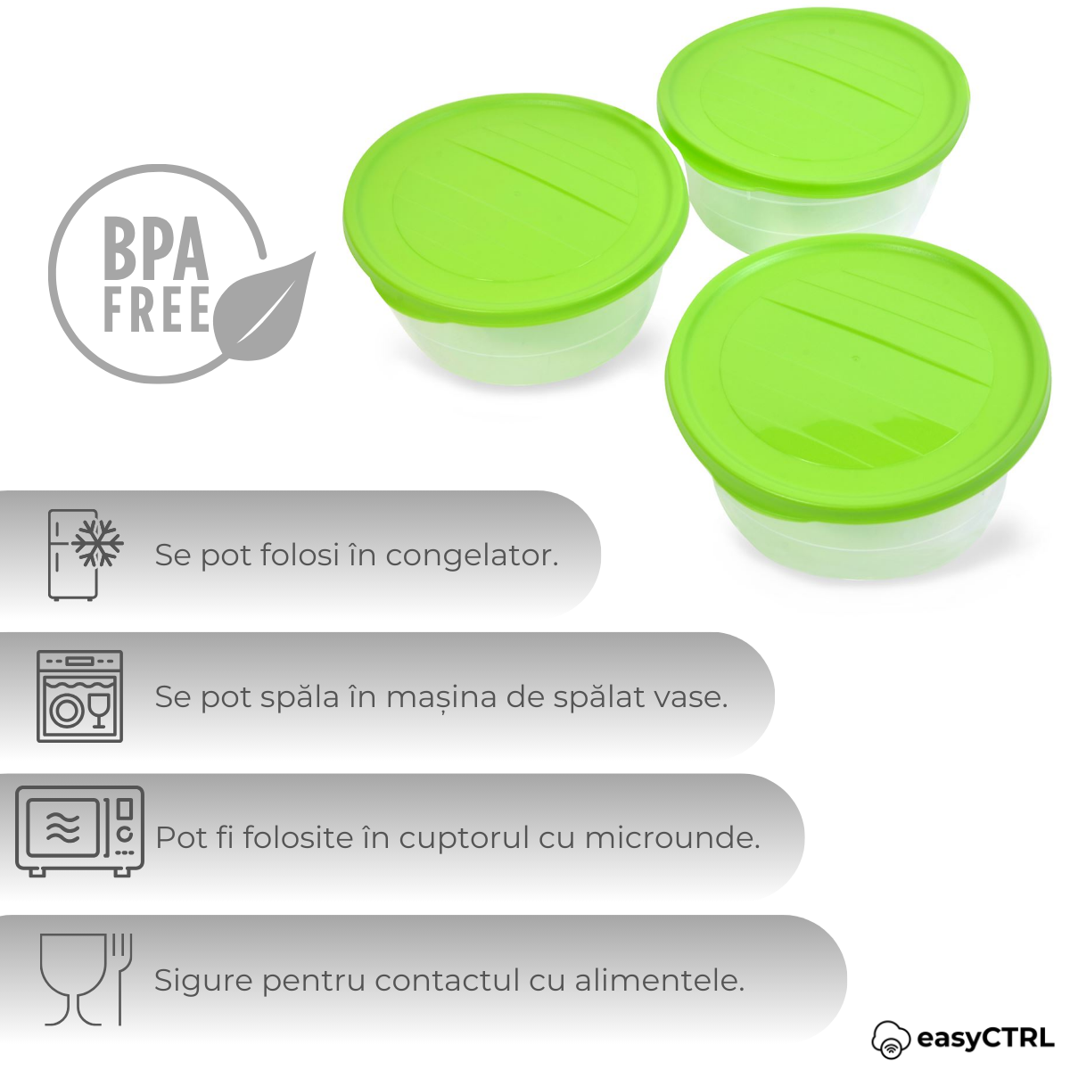 Set 3 caserole alimentare cu capac, fara BPA, 1100ml