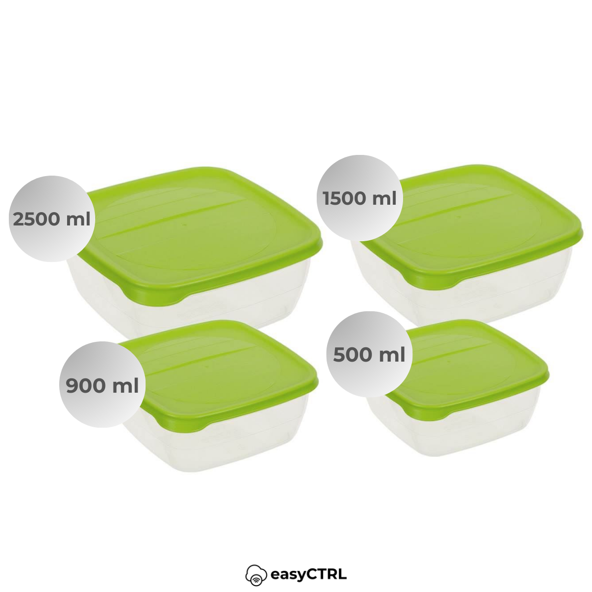 Set 4 caserole alimentare cu capac, fara BPA, 500ml, 900ml, 1500ml, 2500ml