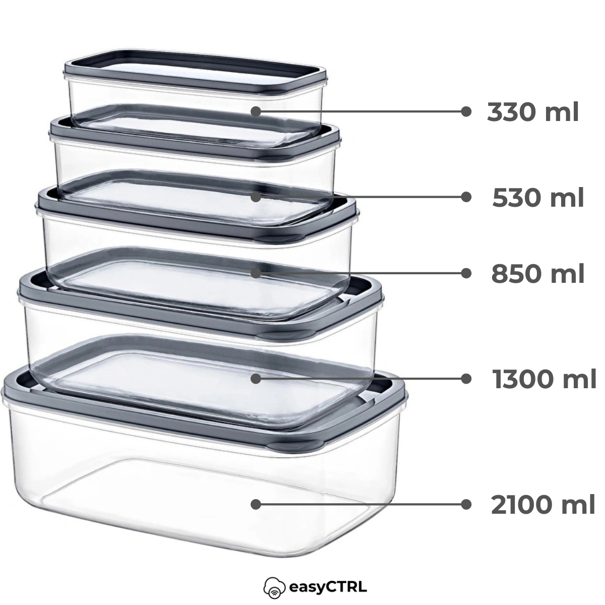 Set 5 caserole alimentare cu capac, fara BPA, 330ml, 530ml, 850ml, 1300ml, 2100ml