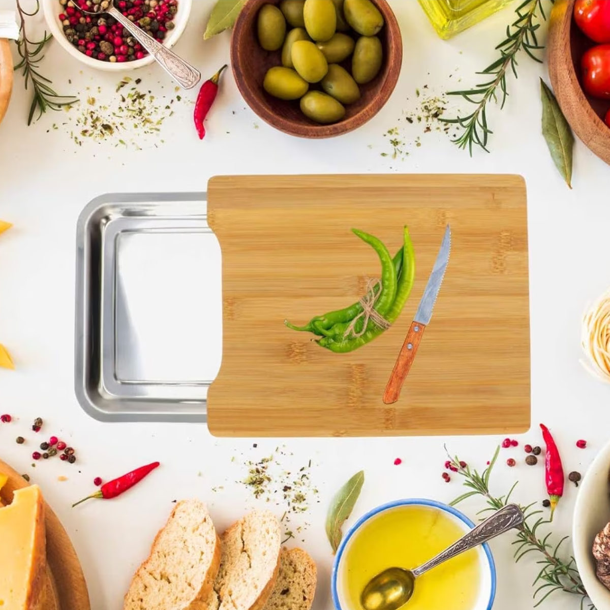 Tocator din Bambus, cu Tava de Inox Incorporata, 35 x 25 cm