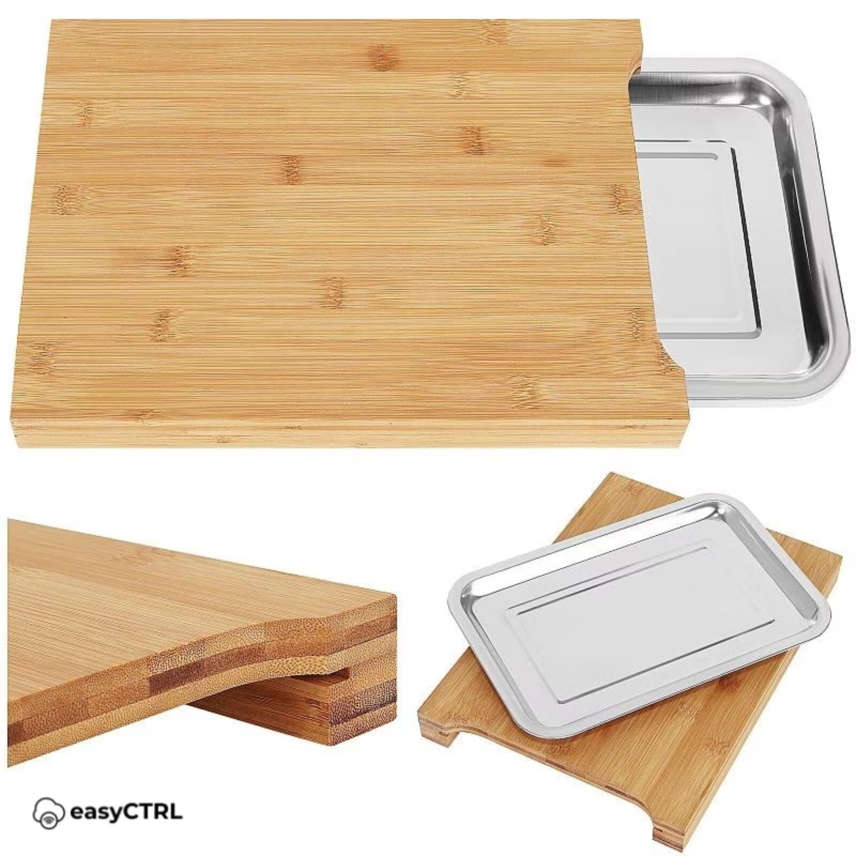 Tocator din Bambus, cu Tava de Inox Incorporata, 35 x 25 cm