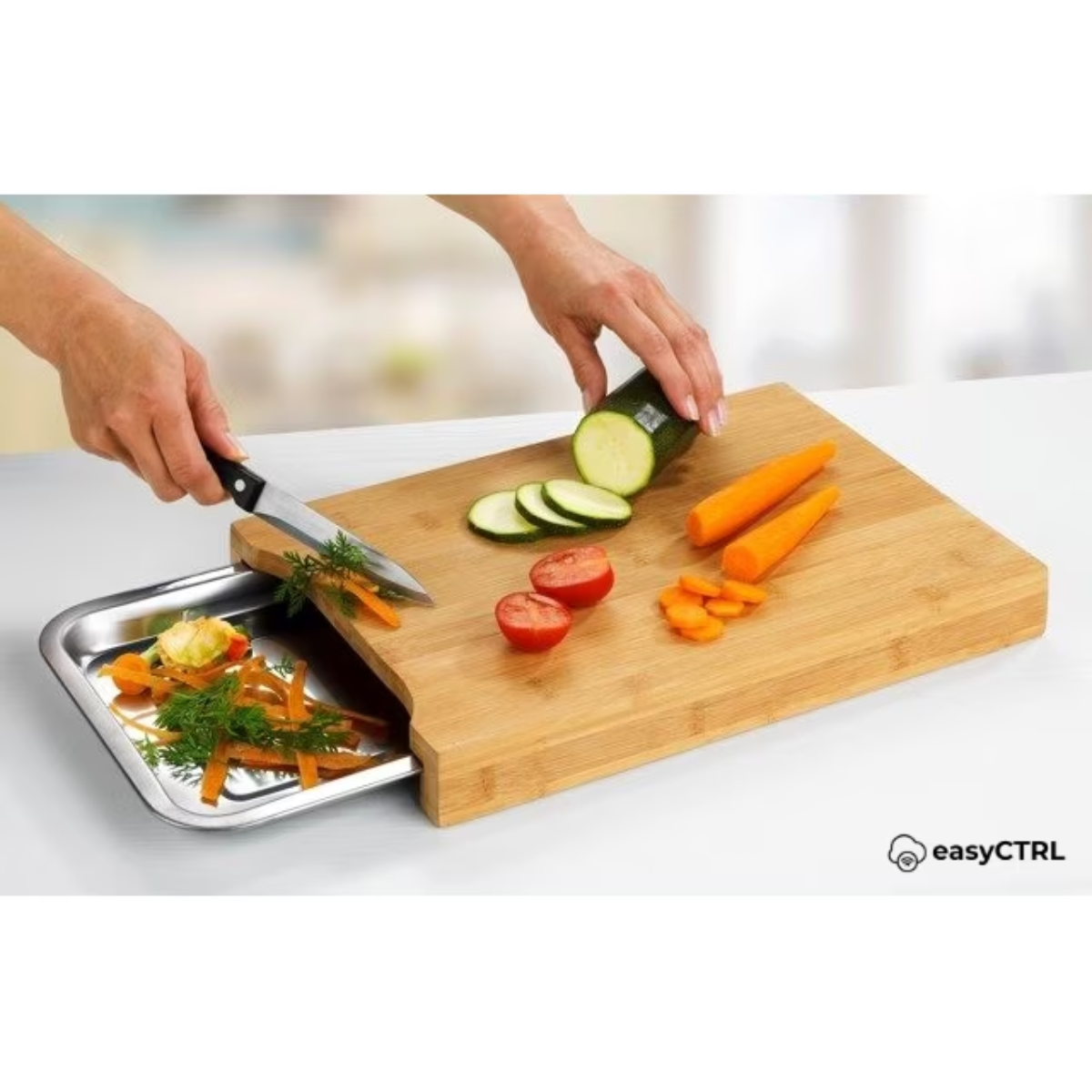 Tocator din Bambus, cu Tava de Inox Incorporata, 35 x 25 cm