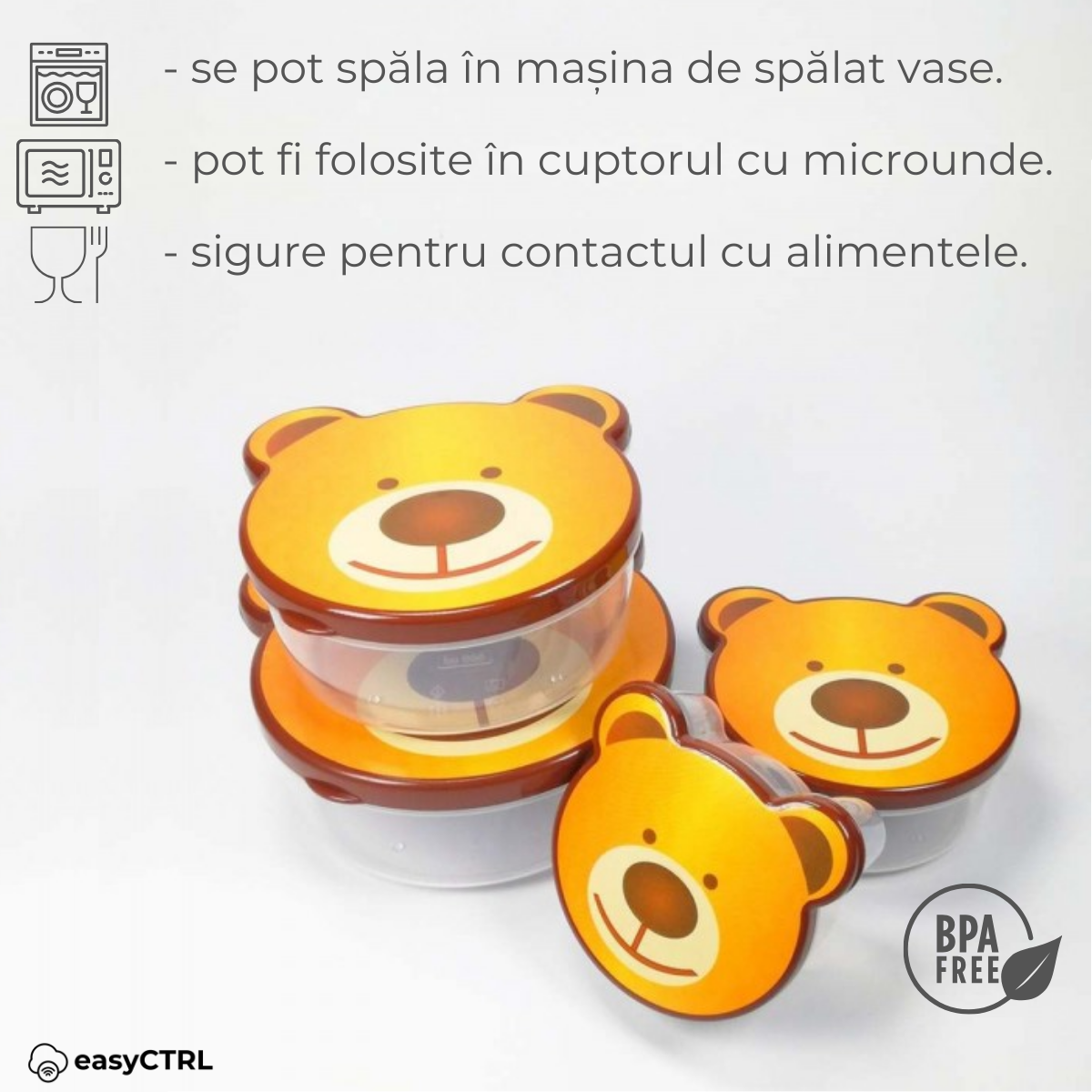 Set 4 caserole alimentare cu capac pentru copii, fara BPA, 200ml, 300ml, 500ml, 750ml