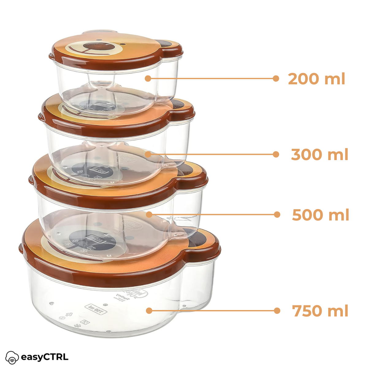 Set 4 caserole alimentare cu capac pentru copii, fara BPA, 200ml, 300ml, 500ml, 750ml