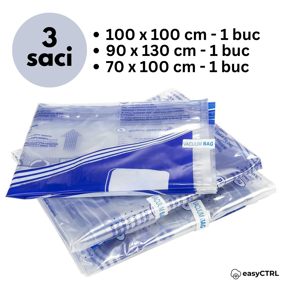 Set 3 saci de vidat haine, pilote, perne si paturi, reutilizabili, 70x100cm, 90x130cm, 100x100cm