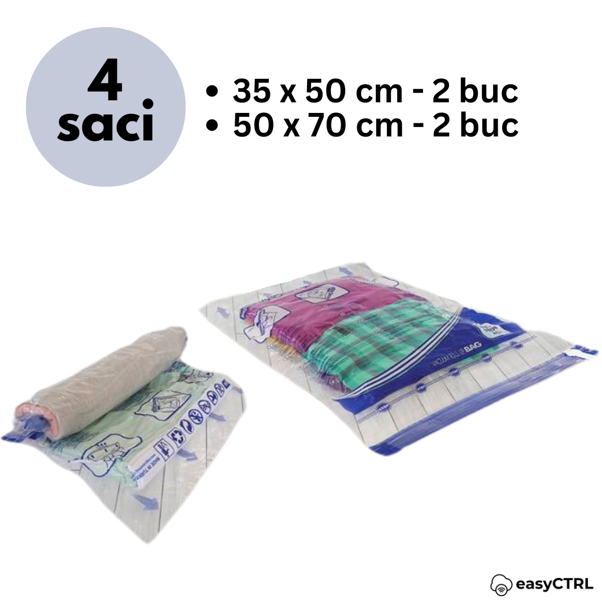 Set 4 saci haine cu vidare manuala, nu necesita aspirator sau pompa, reutilizabili, 35x50cm, 50x70cm